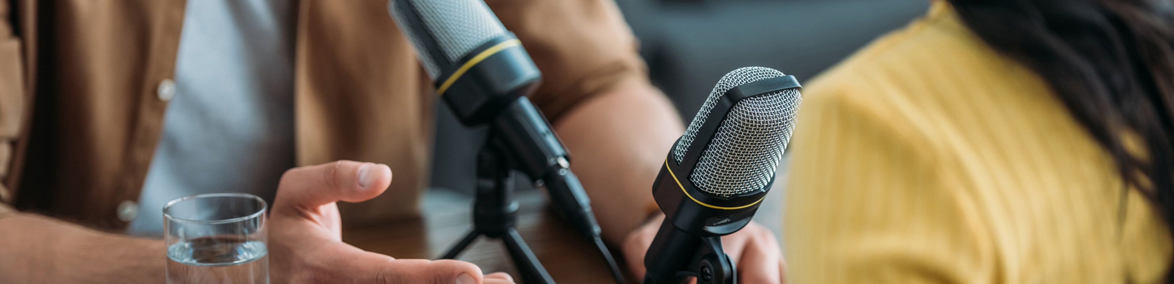 Personer som pratar i mikrofoner i en studio